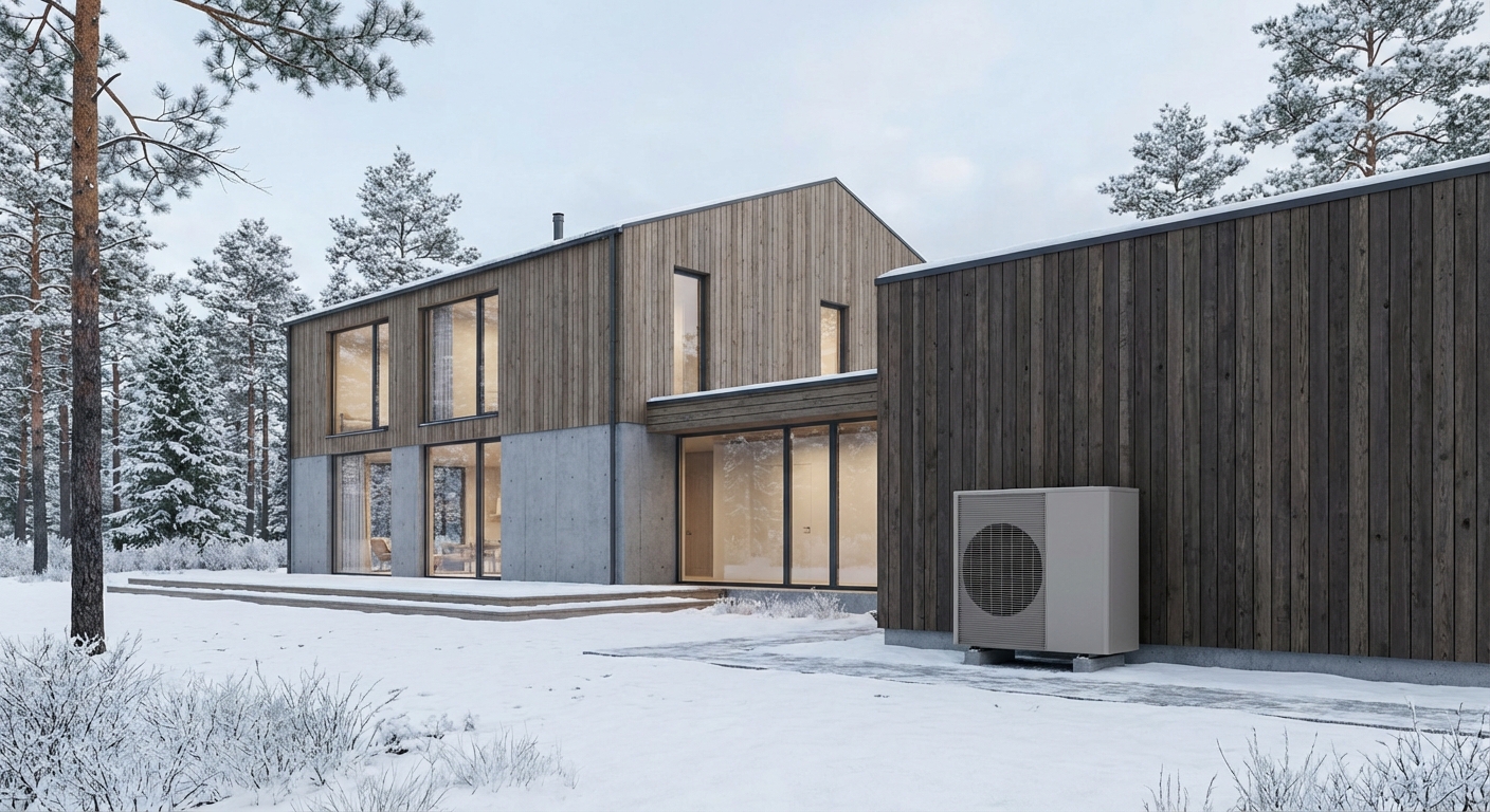 Kaasaegne Eesti eramaja talvises lumevaates koos õhk-vesi soojuspumba välisseadmega fassaadil