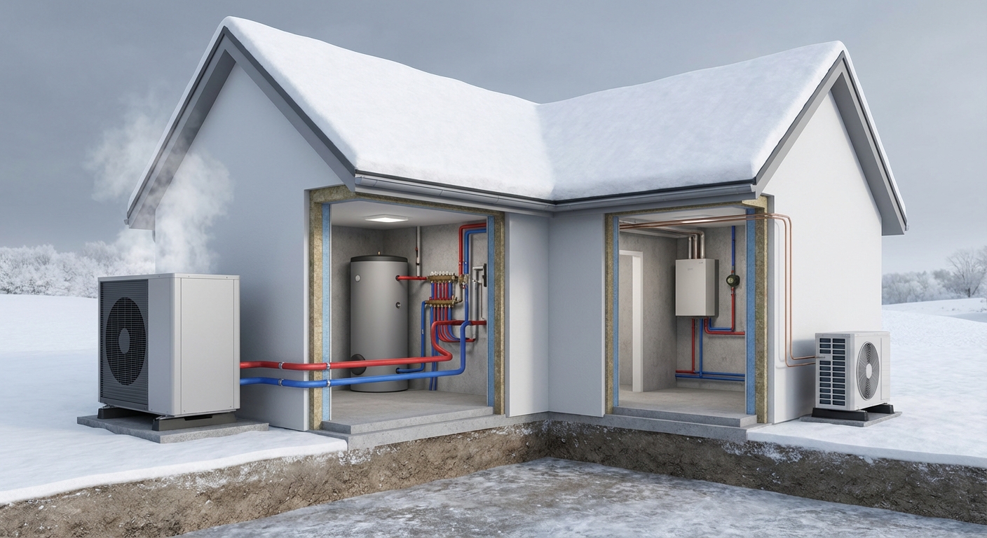 Lihtsustatud 3D-joonis, mis võrdleb monoblokk ja split õhk-vesi soojuspumba torustiku ja seadmete paigutust majas