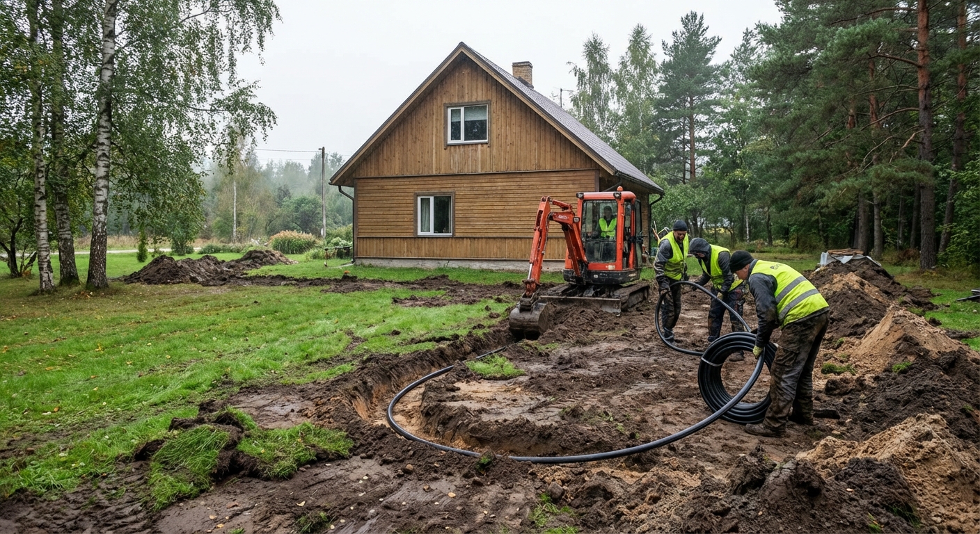 Töömehed paigaldamas horisontaalset maakollektorit eramaja hoovis Eestis