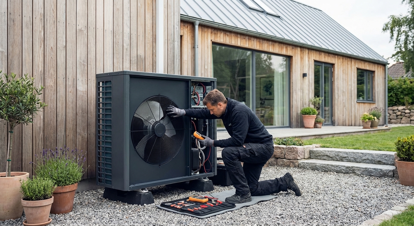 Tehnik teeb õhksoojuspumba hooldust maja juures, et vähendada müra ja pikendada seadme eluiga