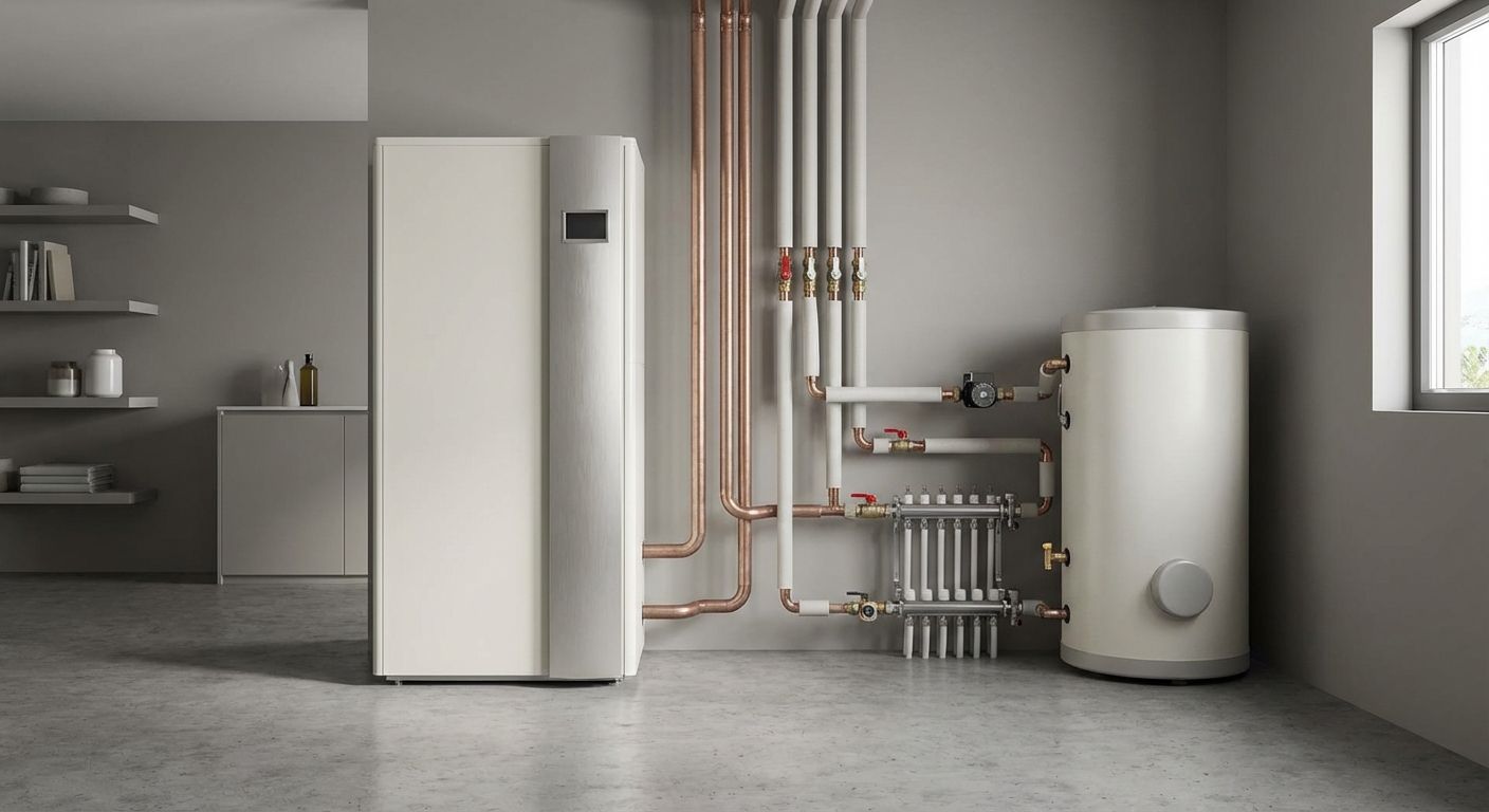 Maasoojuspumba seade tehnilises ruumis, vasktorud ja kollektorid ühendatud põrandakütte ja tarbeveeboileriga