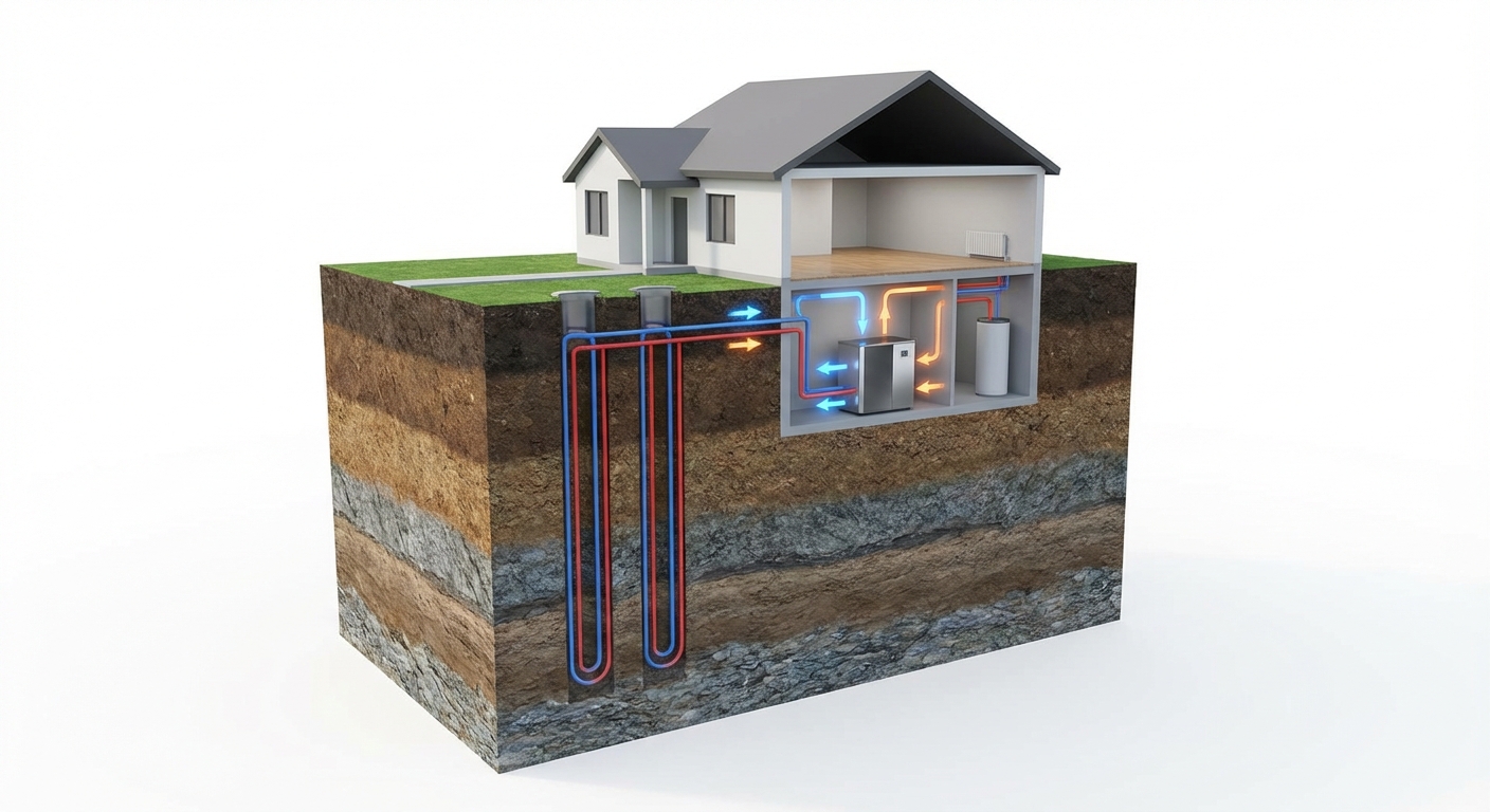Fotorealistlik 3D skeem maasoojuspumba tööpõhimõttest, kus on näha maapinda paigaldatud maakollektor ja hoone kütte- ning jahutussüsteem