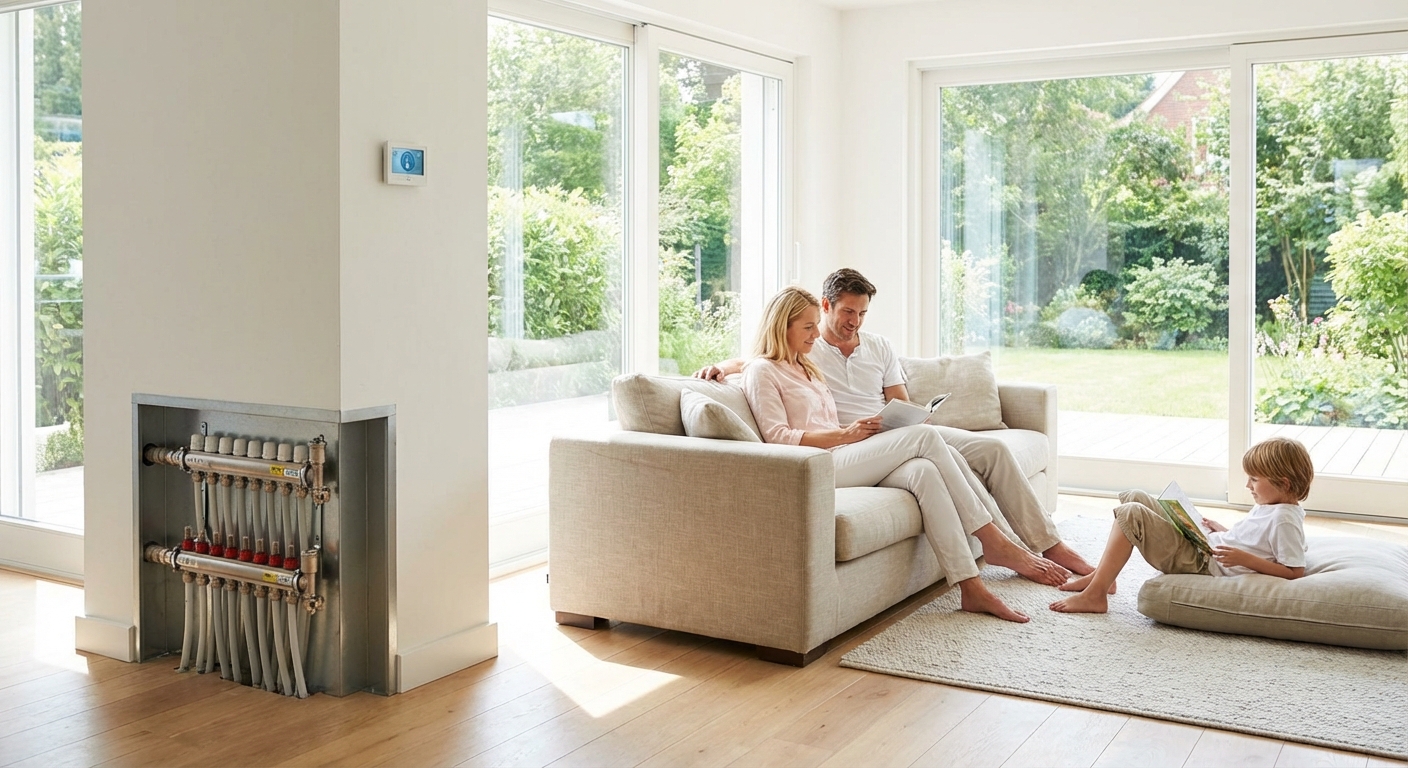 Valge ja valgusküllane elutuba suvel, kus maasoojuspump ja vesipõrandaküte tagavad jaheda ning mugava sisekliima