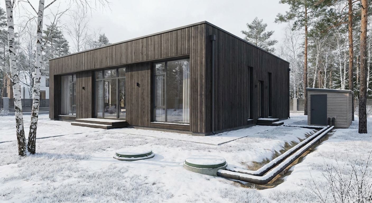 Lihtne fotorealistlik 3D renderduspilt kaasaegsest Eesti eramust talvel maasoojuspumba küttesüsteemiga