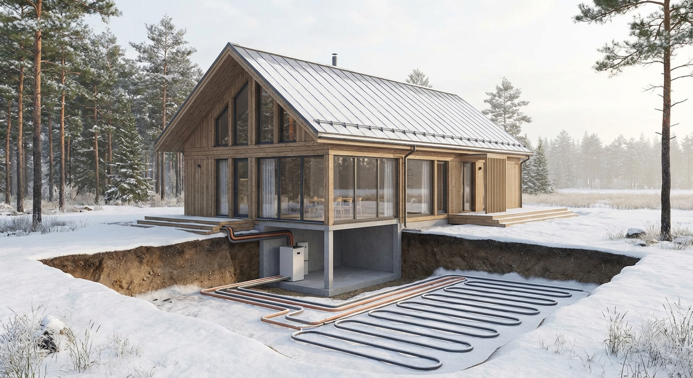 Kaasaegne Eesti eramu talvises lumises maastikus, mille kütmiseks kasutatakse maasoojuspumpa ja maakollektorit