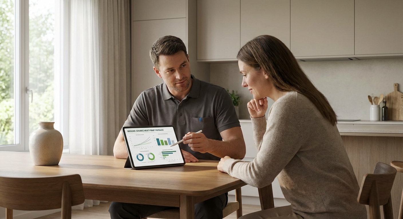 Fotorealistlik 3D renderdus, kus kütteekspert ja majaomanik arutavad maasoojuspumba projekti ja tasuvusarvutusi kaasaegses kodus