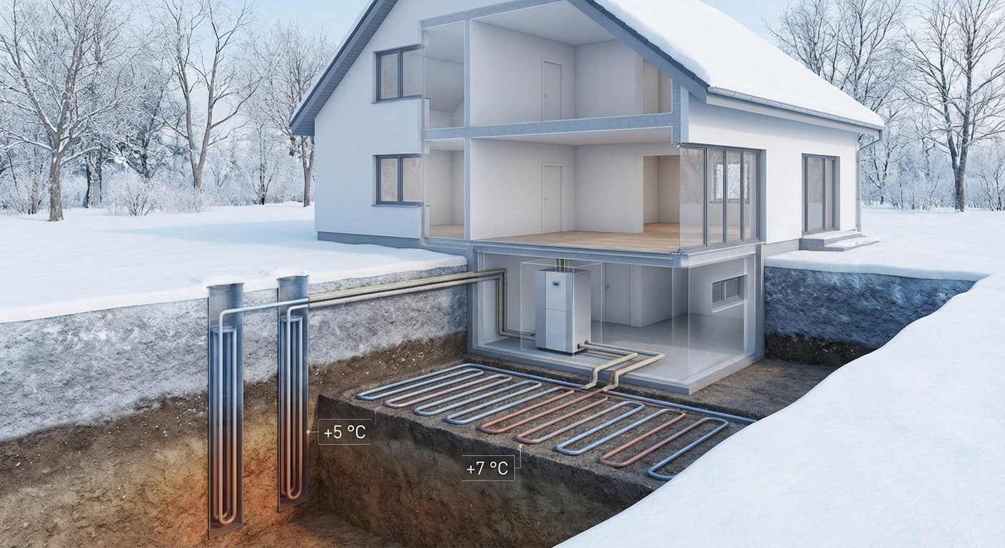 Lihtne fotorealistlik läbilõikejoonis majast koos maakütte torustiku ja maasoojuspumba tööpõhimõttega