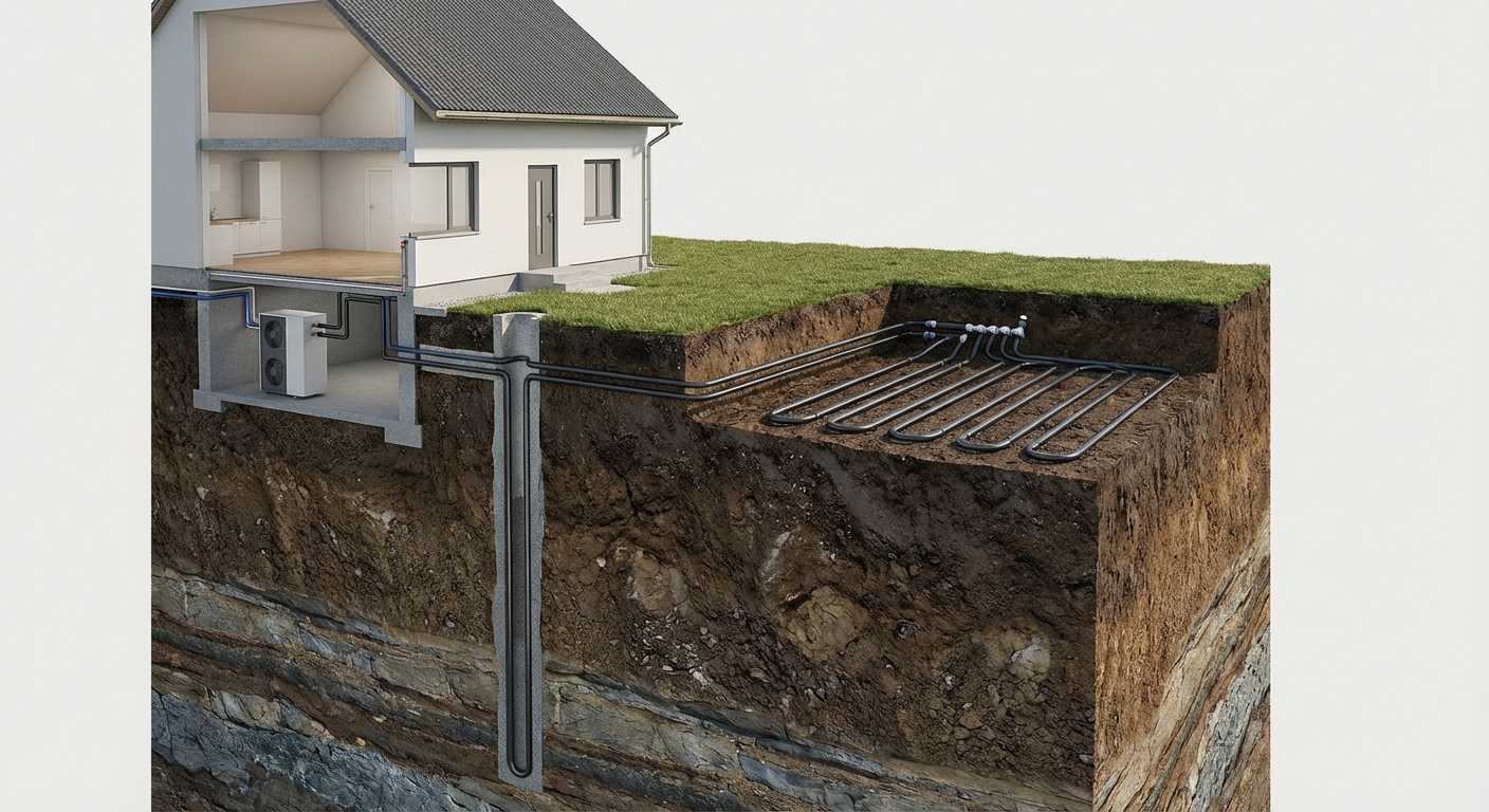 Fotorealistlik läbilõikeline skeem maasoojuspumba süsteemist, kus on näha horisontaalsed maakontuurid ja vertikaalsed maakütte puurkaevud erinevas pinnases