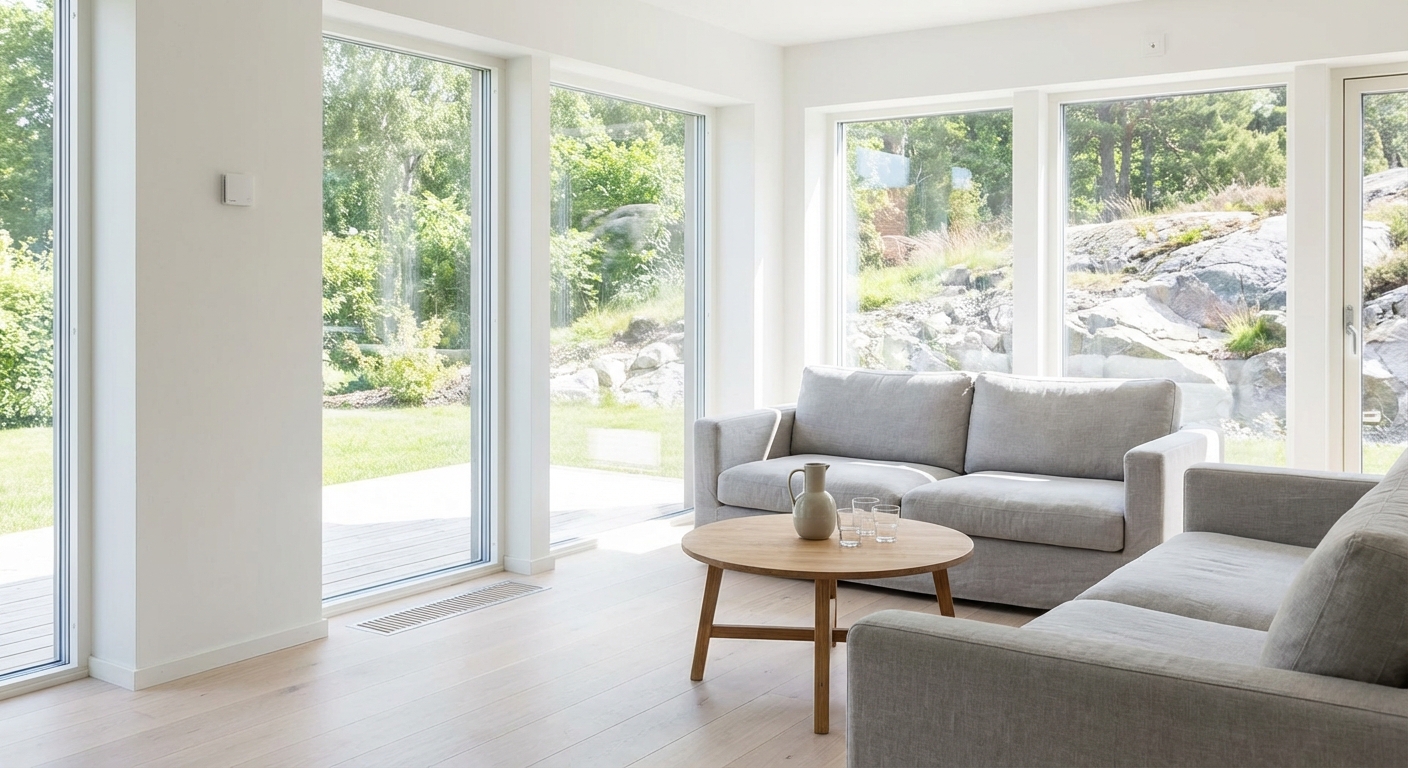 Hele ja kaasaegne Põhjamaade stiilis elutuba, mida jahutab energiasäästlik maakütte passiivne jahutus