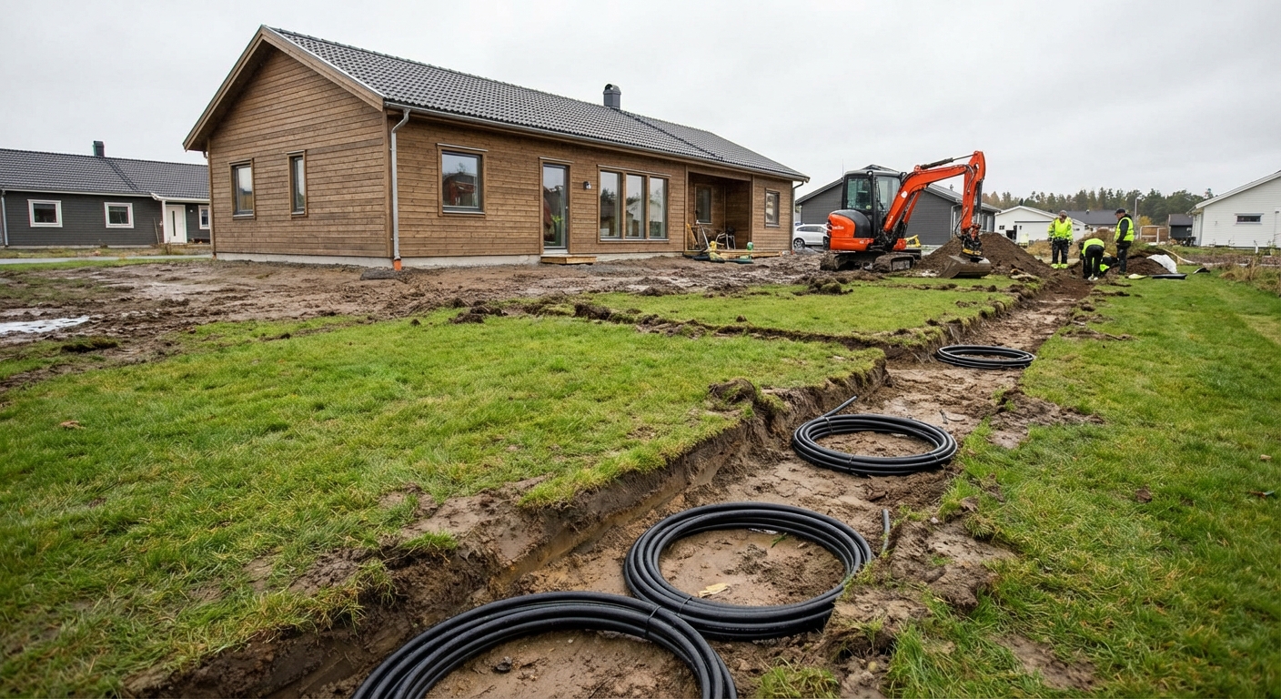 Horisontaalse maakollektori kaevik ja torustiku paigaldus eramu hoovis, maapinda ette valmistamas maasoojuspumba jaoks
