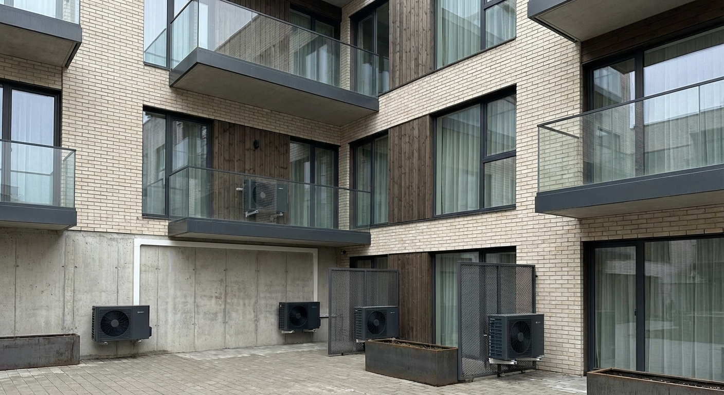 Kaasaegse kortermaja fassaad õhksoojuspumba välisosaga rõdu seinal