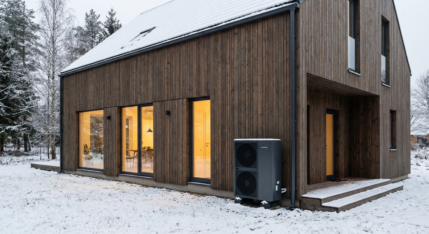Kaasaegne Eesti eramu talvises olustikus, rõhutamas energiatõhusa küttesüsteemi olulisust