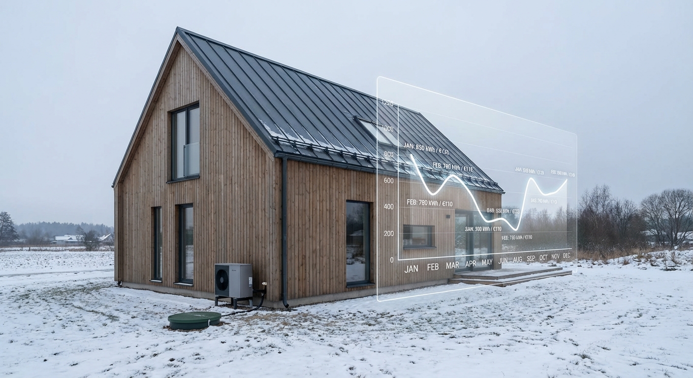 Kaasaegne Põhjamaade stiilis eramaja maaküttega, talvine ilm ja energiasäästlik küttesüsteem