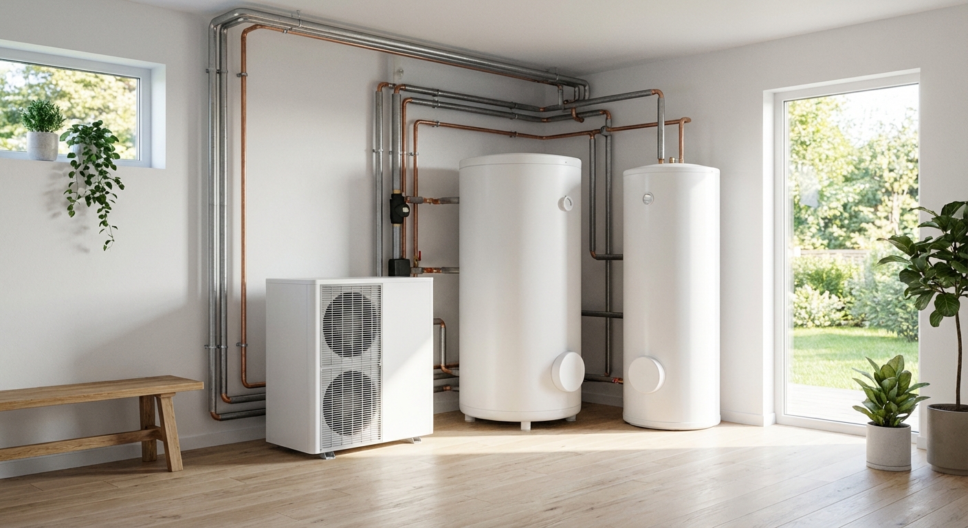 Fotorealistlik render kaasaegsest maasoojuspumba siseükikust koos tarbevee boileri ja akumulatsioonipaagiga katlaruumis