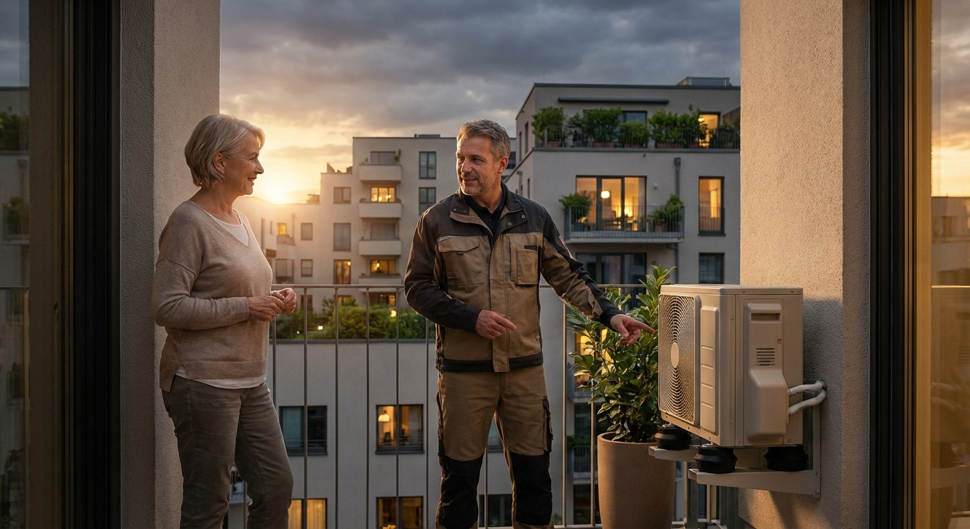 Kliimaseadmete spetsialist nõustab korteriomanikku rõdul õhksoojuspumba paigalduse ja dokumentatsiooni osas