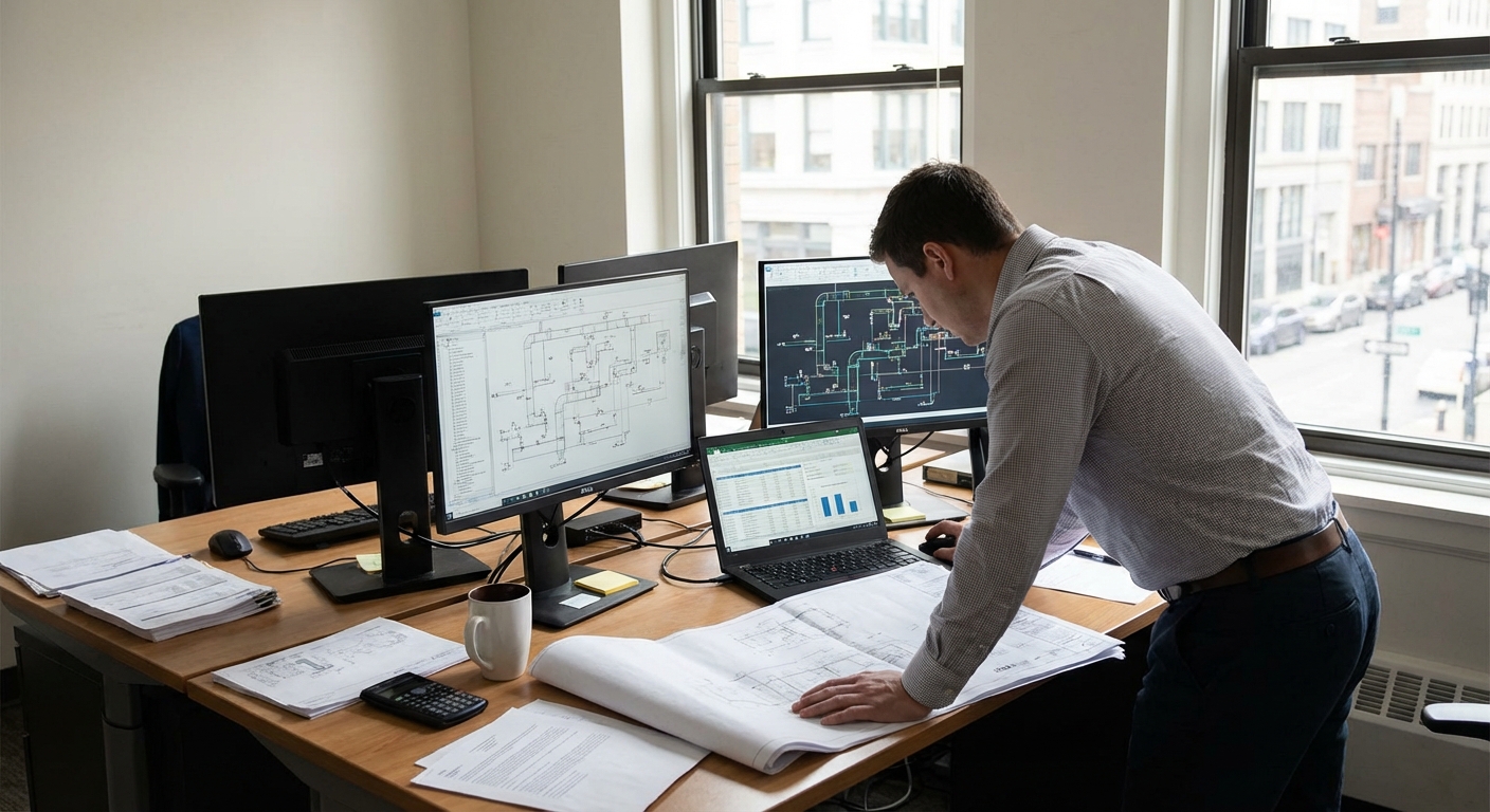 Insener laua taga küttesüsteemi projekti ja tehniliste joonistega, teostamas soojuskoormuse arvutusi